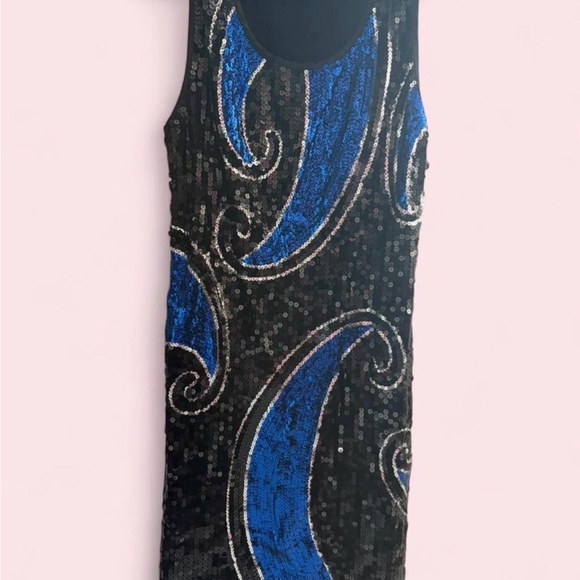 Bella D. Dresses & Skirts - Y2K Vintage Bella Black Mini Dress with Blue Sequin Swirls